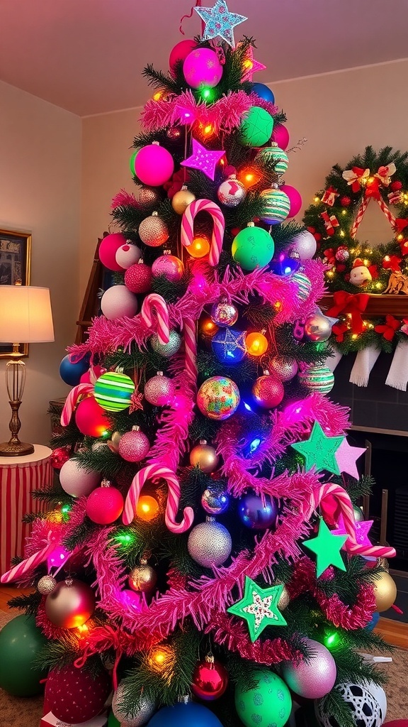 Tacky Christmas Tree Decorating Ideas A colorful and tacky Christmas tree decorated with mismatched ornaments and bright lights in a festive living room.